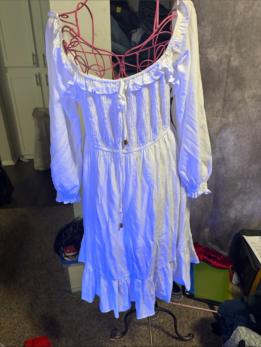 White Smocked Elastic dress with Gathered Bodiceuu